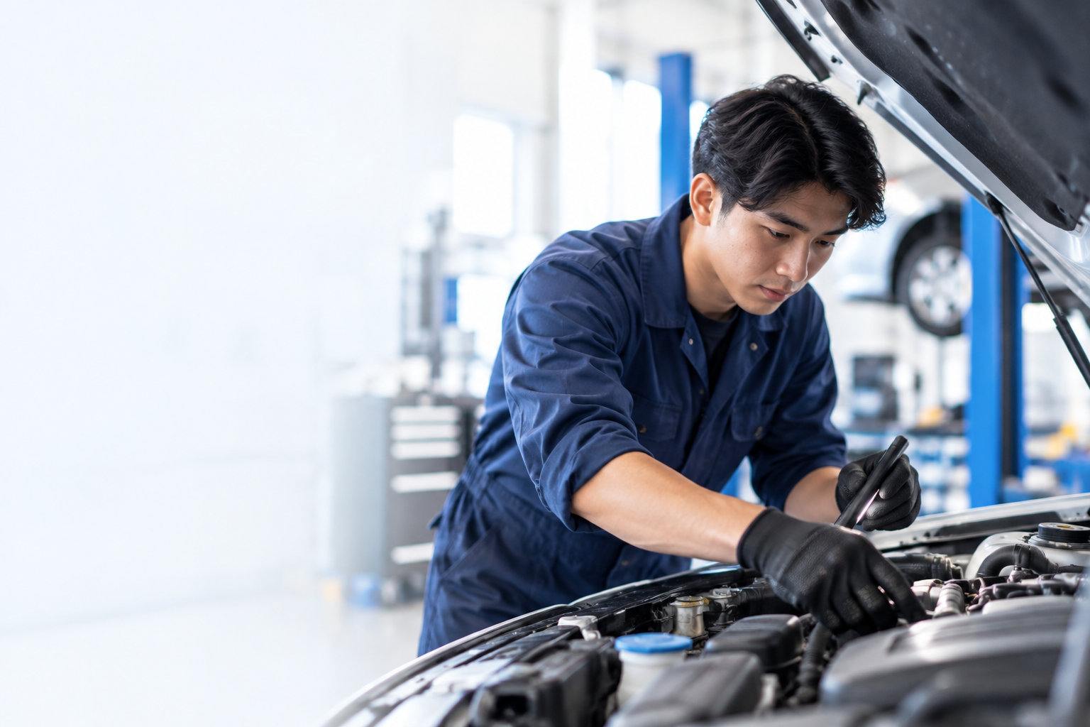 A trainee mechanic inspecting an engine bay in a workshop