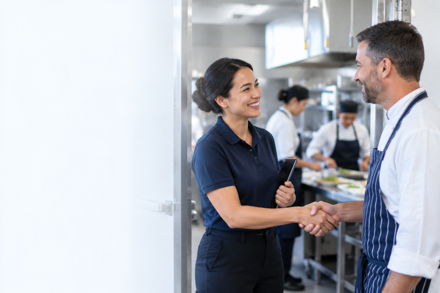 A manager shaking hands with a new team member in a commercial kitchen