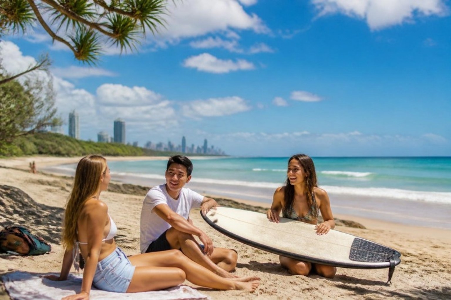 Students relaxing on a beach near Brisbane