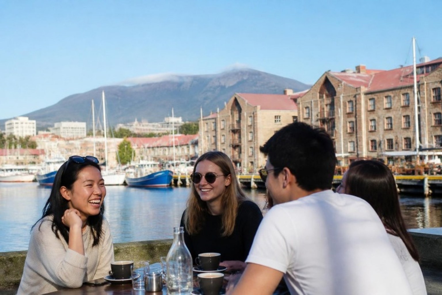 Students at a waterfront cafe in Hobart
