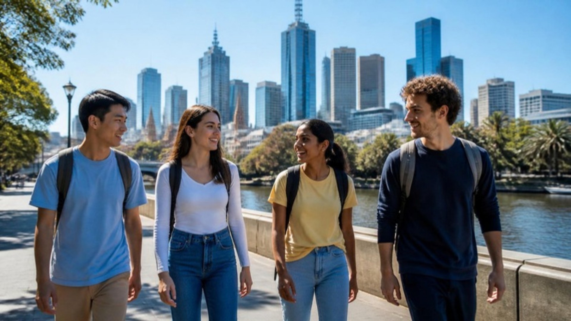 International students walking along the Yarra River in Melbourne