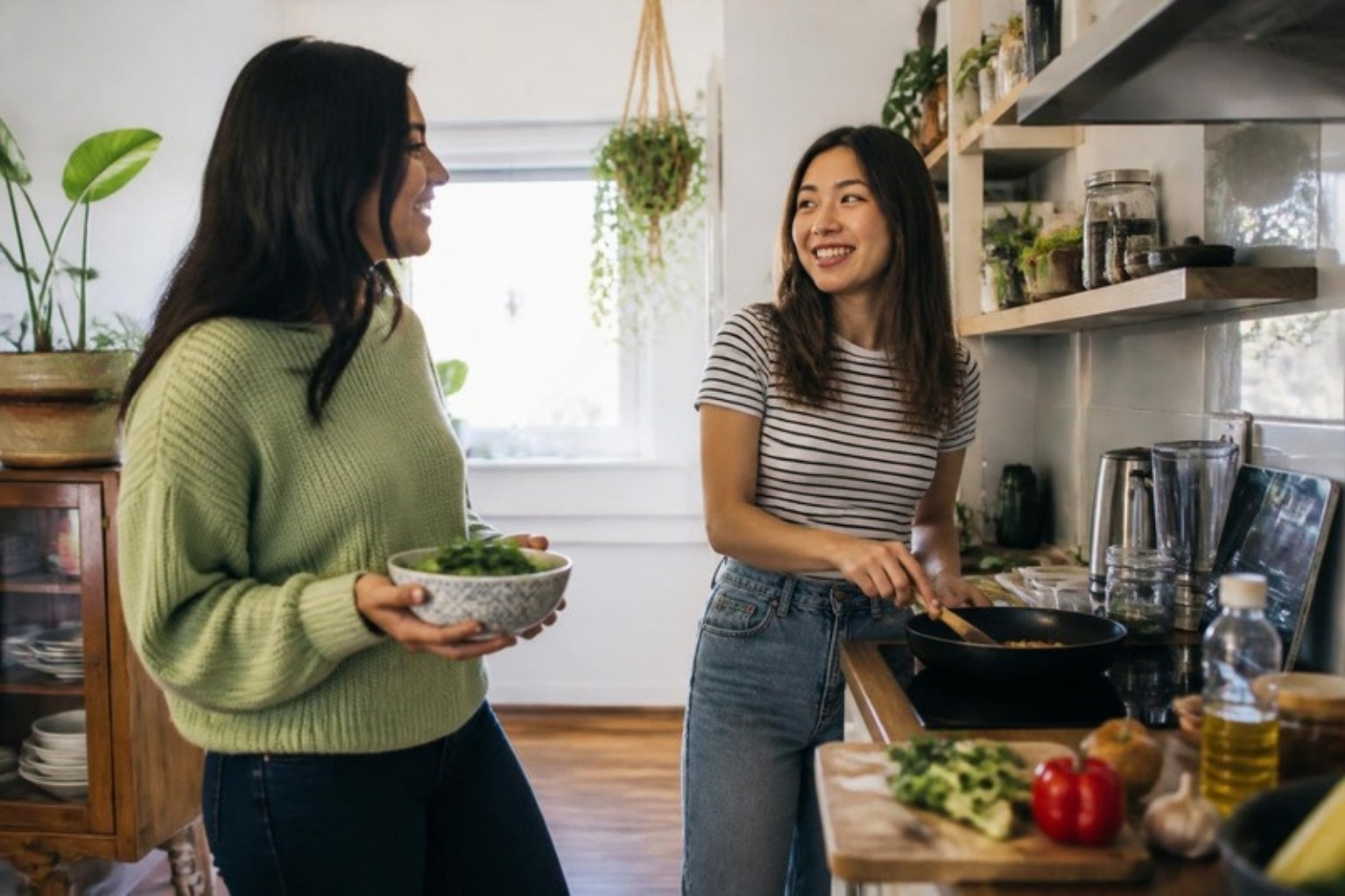 Student housemates cooking in a shared kitchen