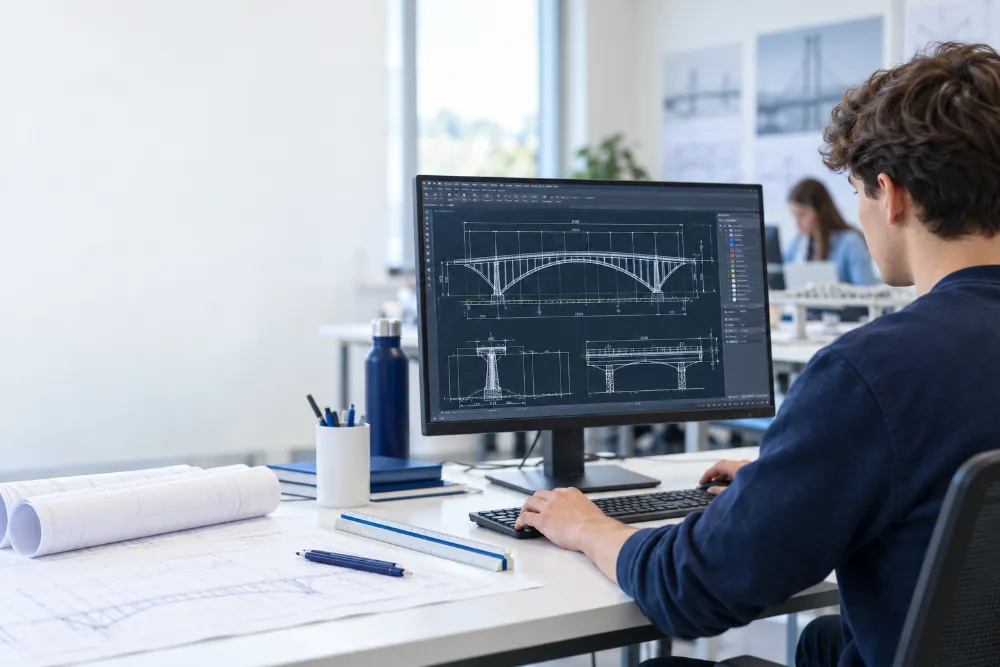 Student working on a bridge design drawing on screen