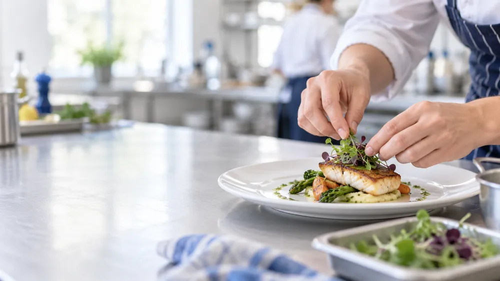 Chef garnishing a plated dish in a training kitchen