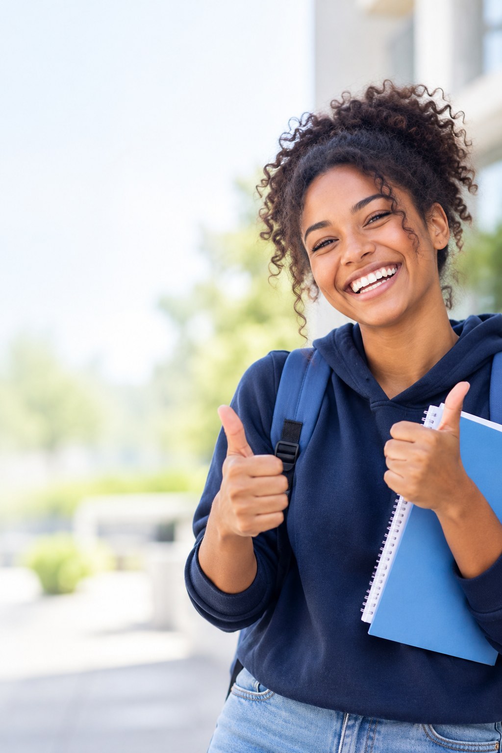 Smiling student with a backpack and notebook giving two thumbs up outside campus